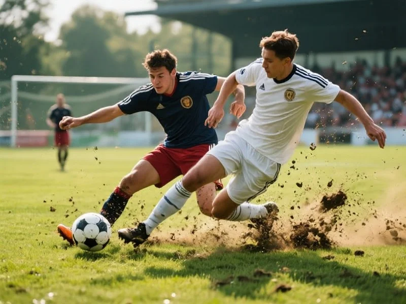 足球比赛中球员奋力拼抢，画面充满张力和激情，草地上飞扬着泥土