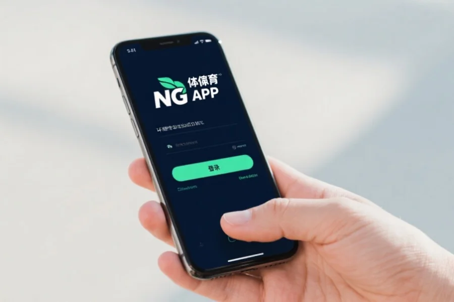 展示一只手持手机，屏幕显示NG体育APP的登录界面，手指即将点击“登录”按钮，环境专业现代