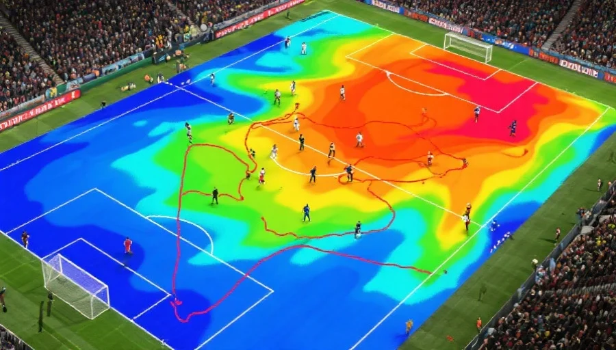 一张足球比赛热力图，显示球员在球场上的活动轨迹和数据分布，色彩明亮直观